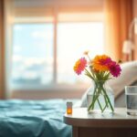Flick International Cozy hospital room with vibrant flowers and a prescription bottle