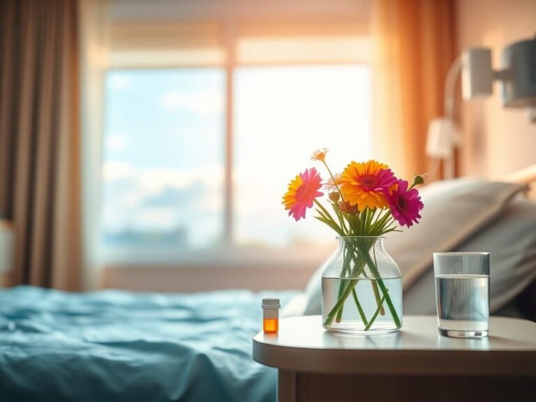 Flick International Cozy hospital room with vibrant flowers and a prescription bottle