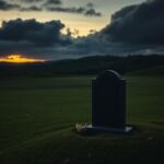 Flick International Somber landscape of a golf course at dusk with a gravestone near the first hole