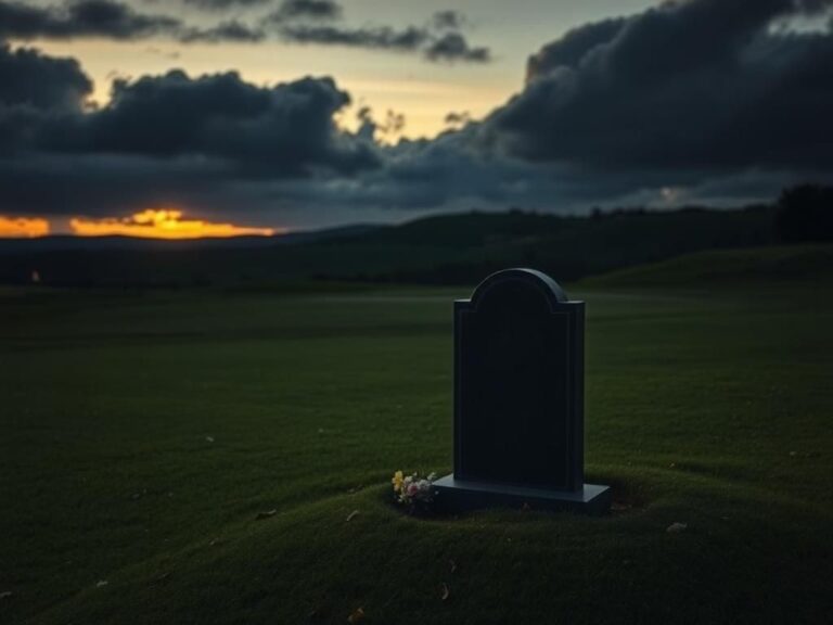 Flick International Somber landscape of a golf course at dusk with a gravestone near the first hole