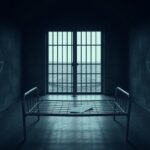 Flick International A somber immigration detention center room with heavy steel-barred doors and a single empty metal cot.