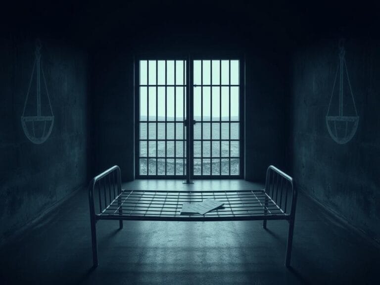 Flick International A somber immigration detention center room with heavy steel-barred doors and a single empty metal cot.