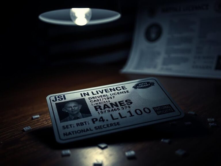 Flick International Close-up of a counterfeit driver’s license illuminating themes of deception