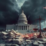 Flick International A cracked Capitol building surrounded by dark storm clouds representing fiscal distress