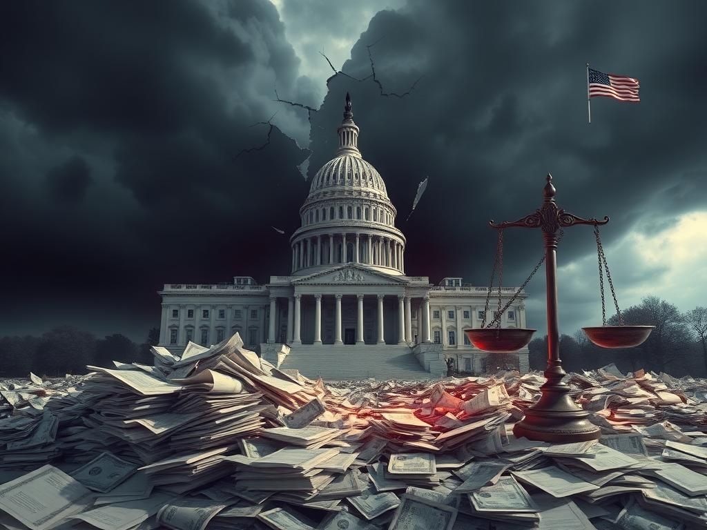 Flick International A cracked Capitol building surrounded by dark storm clouds representing fiscal distress
