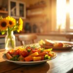 Flick International A serene kitchen scene with fresh vegetables and sunflowers