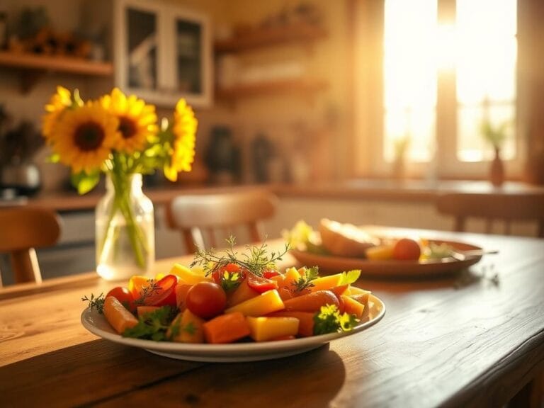 Flick International A serene kitchen scene with fresh vegetables and sunflowers