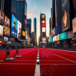 Flick International Panoramic view of a twilight Times Square with a running track set up for a race
