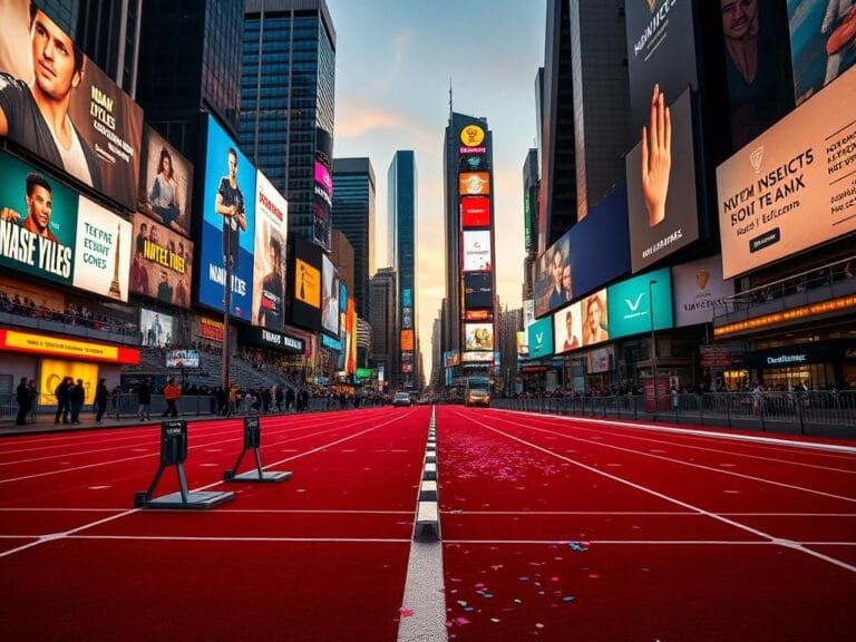 Flick International Panoramic view of a twilight Times Square with a running track set up for a race