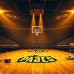 Flick International Dramatic basketball court scene with Indiana Pacers logo and empty arena lights