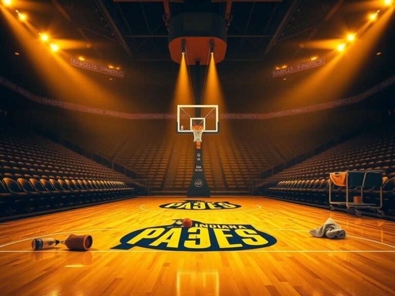 Flick International Dramatic basketball court scene with Indiana Pacers logo and empty arena lights