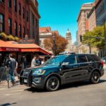 Flick International A black SUV speeding down a bustling Philadelphia film set during a police chase scene.