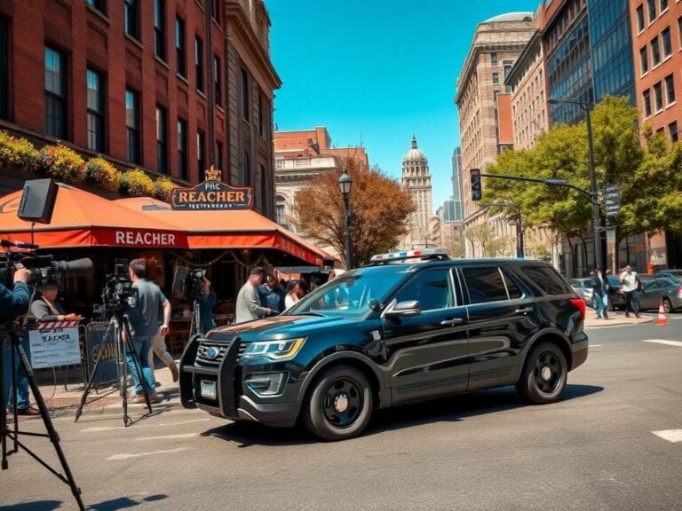 Flick International A black SUV speeding down a bustling Philadelphia film set during a police chase scene.