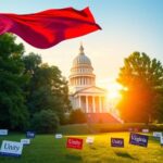Flick International Virginia state capitol building surrounded by greenery with a waving Virginia flag