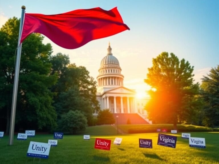 Flick International Virginia state capitol building surrounded by greenery with a waving Virginia flag
