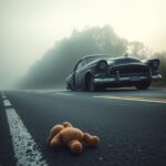 Flick International Misty highway at dawn with a vintage car wreck symbolizing a tragic accident