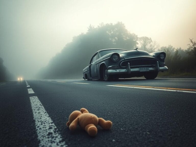 Flick International Misty highway at dawn with a vintage car wreck symbolizing a tragic accident