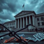Flick International A dramatic federal courthouse with stormy skies, symbolizing law and political tension