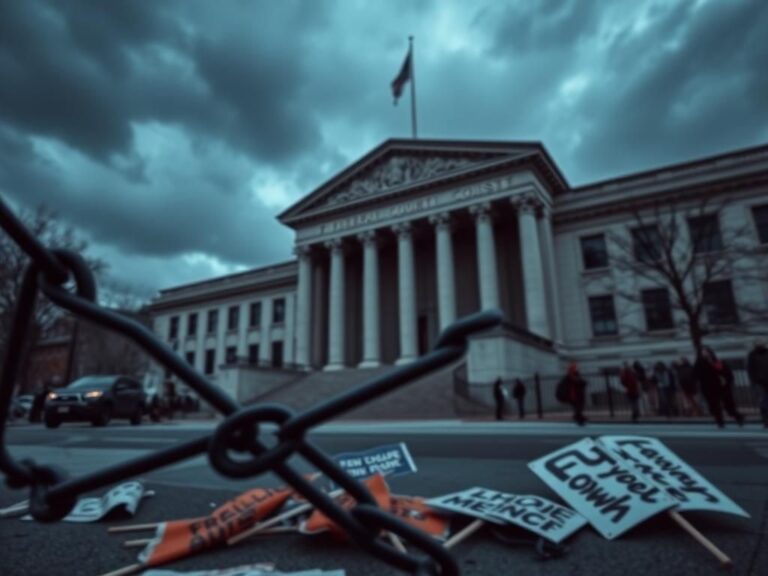 Flick International A dramatic federal courthouse with stormy skies, symbolizing law and political tension