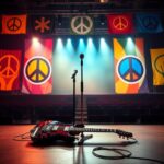 Flick International Vibrant rock concert stage with colorful banners symbolizing peace and unity