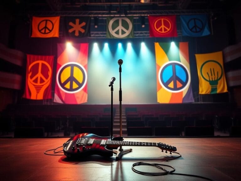 Flick International Vibrant rock concert stage with colorful banners symbolizing peace and unity