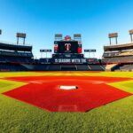 Flick International A serene baseball stadium representing the Minnesota Twins colors under a clear blue sky