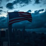 Flick International Aerial view of Chicago's skyline at dusk with storm clouds and an American flag