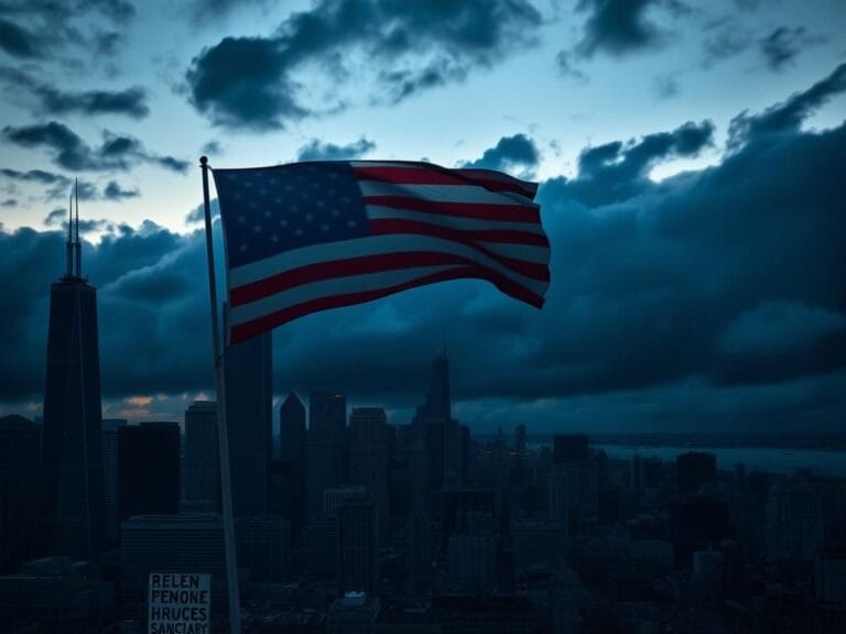 Flick International Aerial view of Chicago's skyline at dusk with storm clouds and an American flag