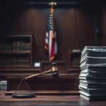 Flick International Dramatic courtroom scene depicting the tension around immigration law enforcement with a gavel and law books
