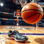 Flick International Dynamic basketball scene highlighting a blurred basketball in motion with a discarded shoe on the court