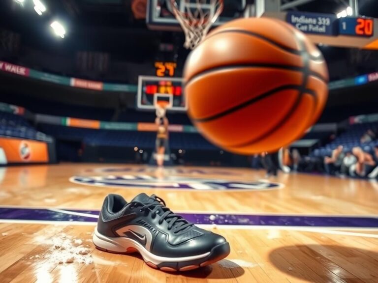 Flick International Dynamic basketball scene highlighting a blurred basketball in motion with a discarded shoe on the court