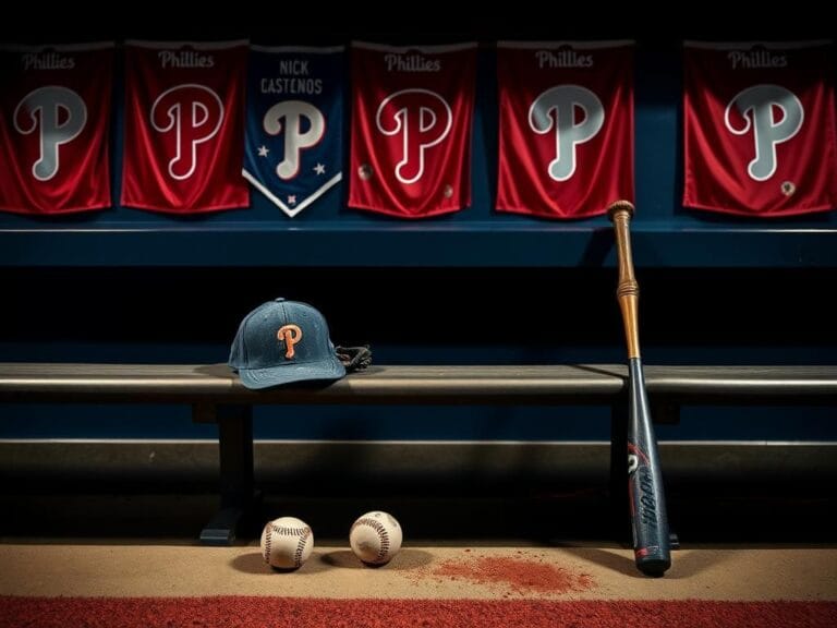Flick International Empty baseball dugout with a cap and glove symbolizing Nick Castellanos' absence