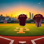 Flick International A vibrant baseball field at dusk with the San Francisco Giants logo in the grass and a Devers jersey in the dugout