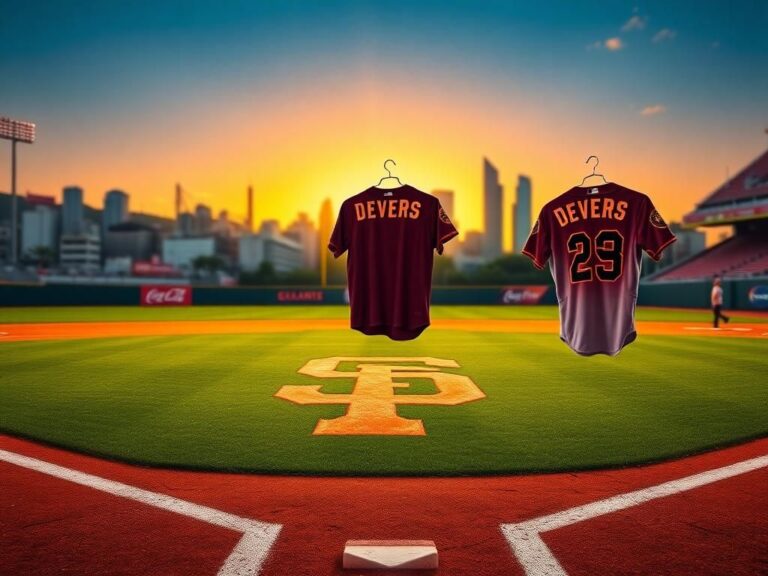 Flick International A vibrant baseball field at dusk with the San Francisco Giants logo in the grass and a Devers jersey in the dugout