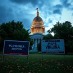 Flick International Virginia state Capitol at dusk with campaign sign emphasizing political change