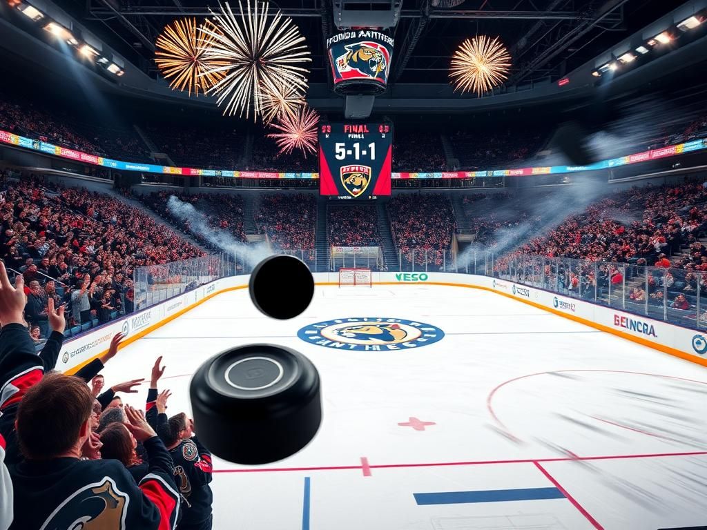 Flick International Close-up of a hockey puck entering the net during the Panthers' Stanley Cup victory