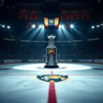 Flick International A gleaming Conn Smythe Trophy showcased on an ice rink with Florida Panthers banners