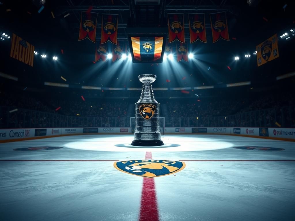 Flick International A gleaming Conn Smythe Trophy showcased on an ice rink with Florida Panthers banners