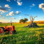 Flick International A vintage red tractor tipped on its side amidst a vibrant Texas landscape