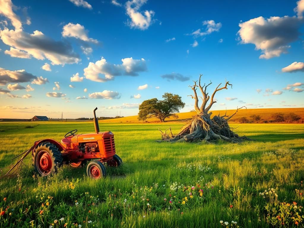 Flick International A vintage red tractor tipped on its side amidst a vibrant Texas landscape