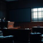 Flick International A dimly lit courtroom scene highlighting an imposing judge's bench and an empty defense table during Diddy's trial.