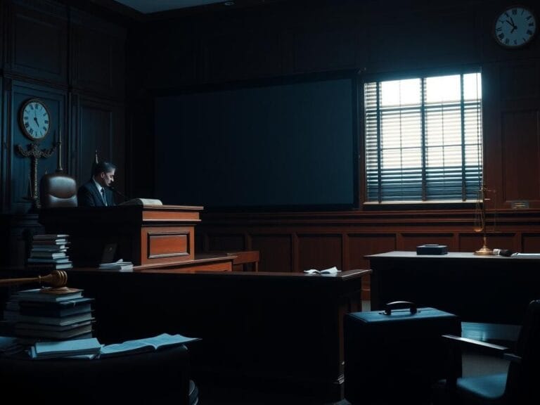 Flick International A dimly lit courtroom scene highlighting an imposing judge's bench and an empty defense table during Diddy's trial.
