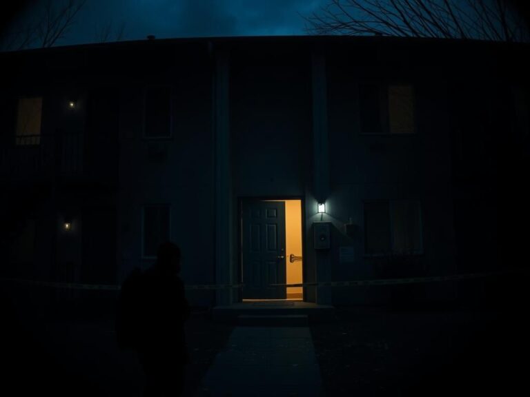 Flick International Dark apartment complex scene showing shadows and dimly lit corridors