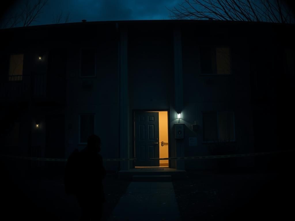 Flick International Dark apartment complex scene showing shadows and dimly lit corridors