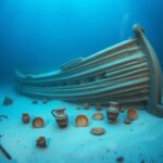 Flick International Underwater scene of the 16th-century shipwreck Camarat 4 with ceramics and marine life