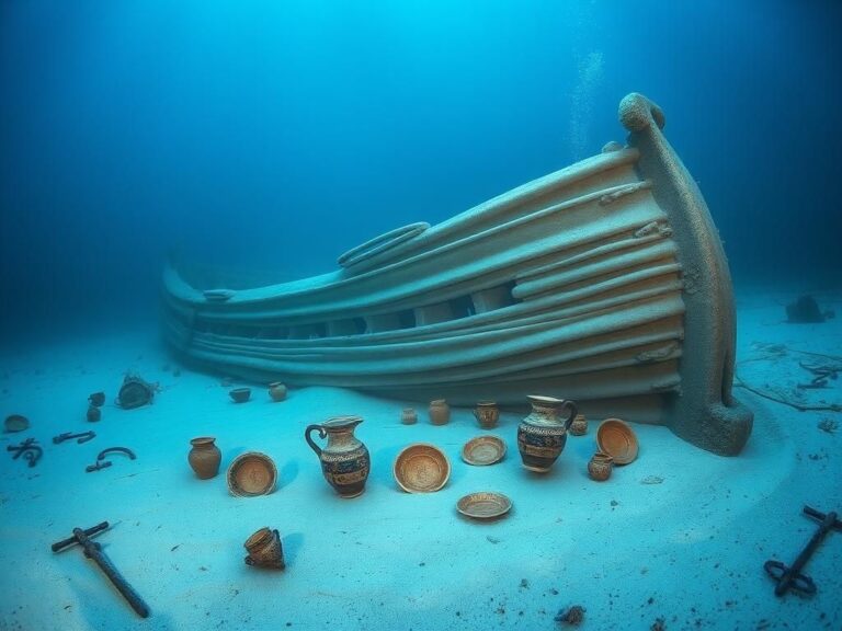 Flick International Underwater scene of the 16th-century shipwreck Camarat 4 with ceramics and marine life