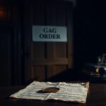 Flick International Dark courtroom featuring a closed door with a 'Gag Order' sign and a legal document