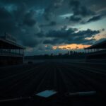 Flick International Empty stables and barn areas at Delta Downs Racetrack at dusk