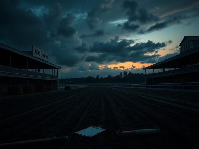 Flick International Empty stables and barn areas at Delta Downs Racetrack at dusk