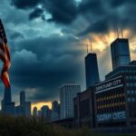 Flick International Dramatic skyline of Chicago at dawn with an American flag and a 'Sanctuary City' sign